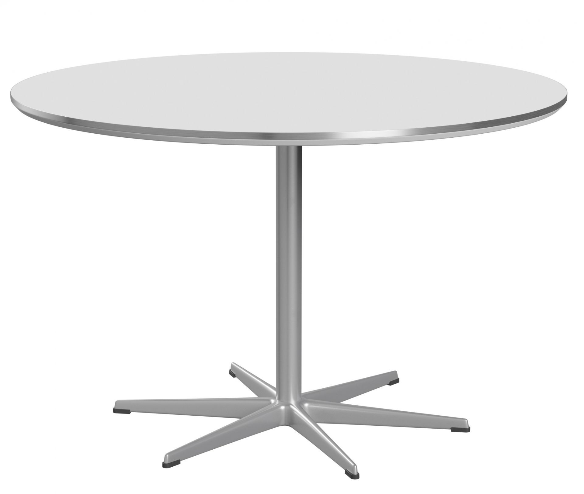 Zirkular Tisch von Fritz Hansen, runder Esstisch mit weißer Tischplatte und silberfarbenem Fuß.